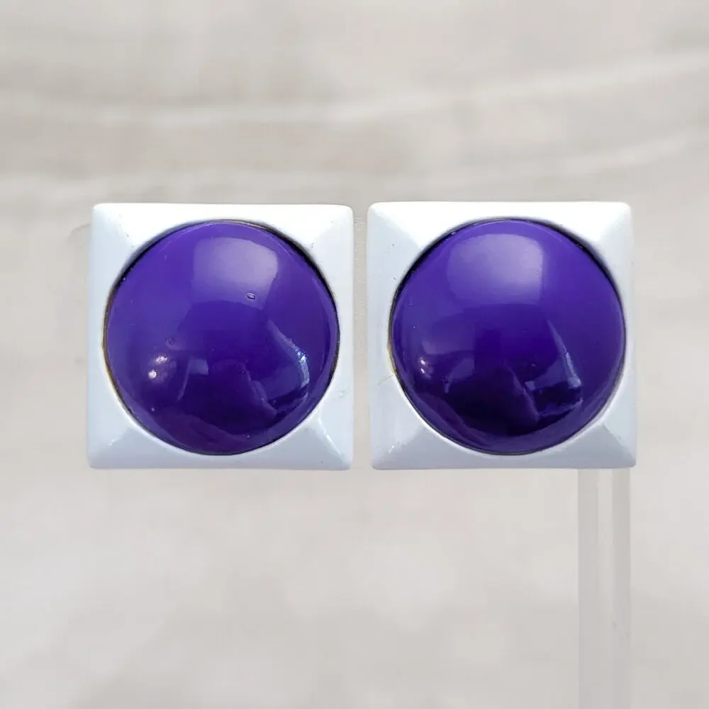 Vintage Clip On Earrings White Square Purple Circle Center Large Retro Statement
